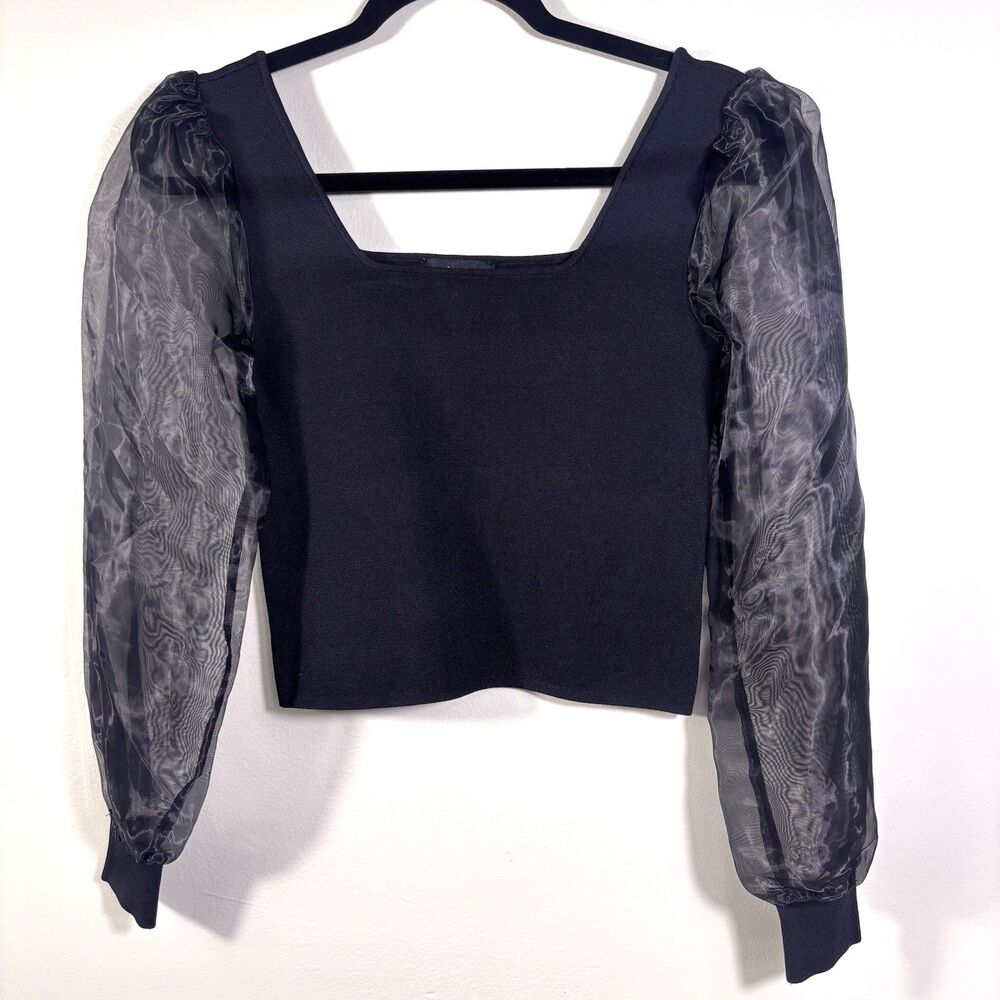 House of Harlow 1960 Black Top Square Neckline and Sheer Voluminous Sleeves XS